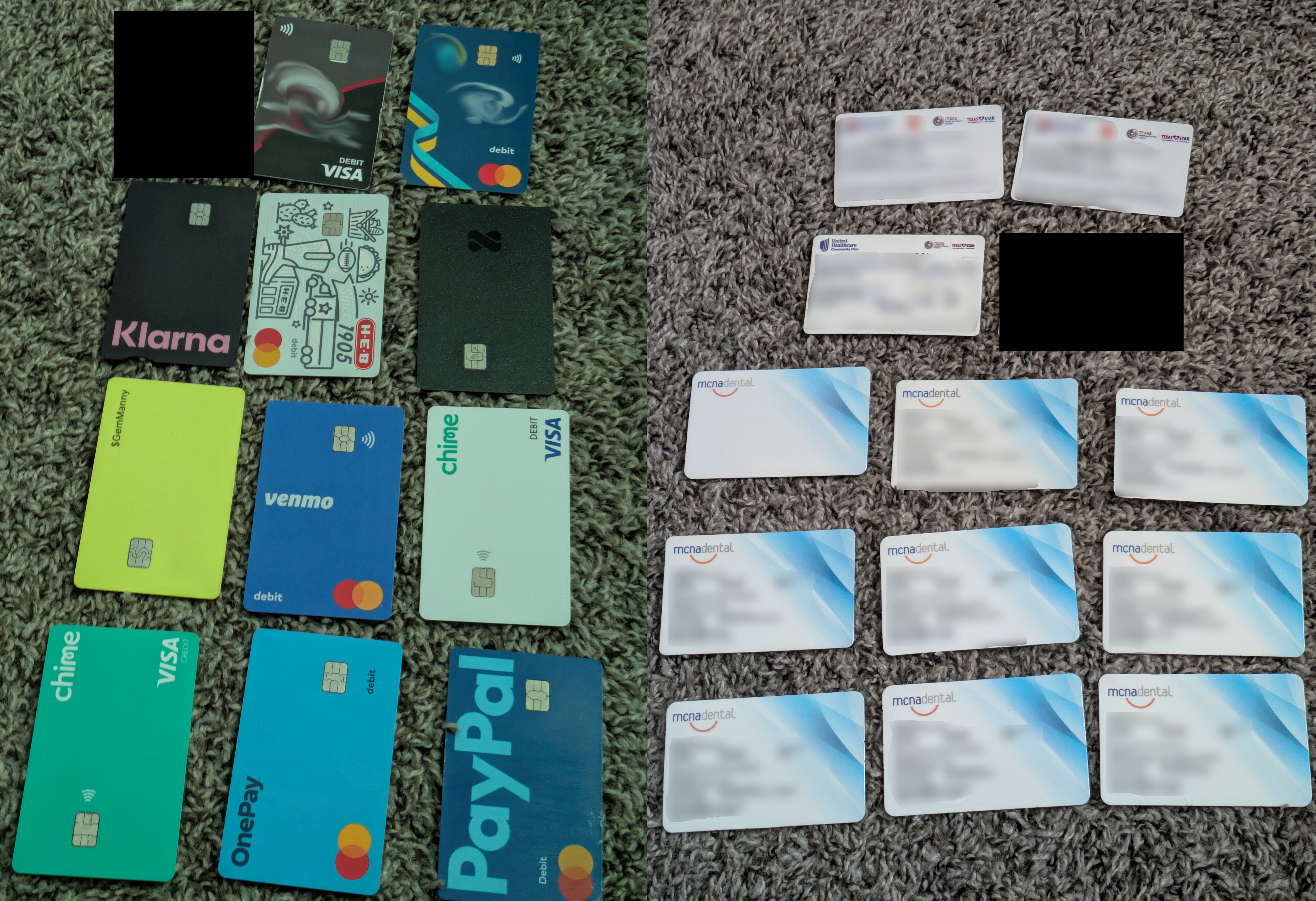 Combined image of fintech cards and health insurance cards
