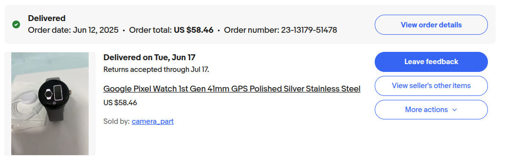 Screenshot of a delivered ebay order, a Google Pixel Watch