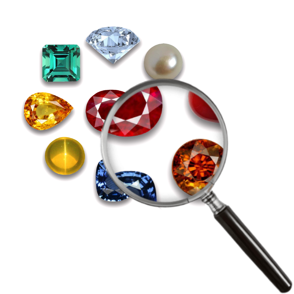 A gemstone array with a magnifying glass hovering over it