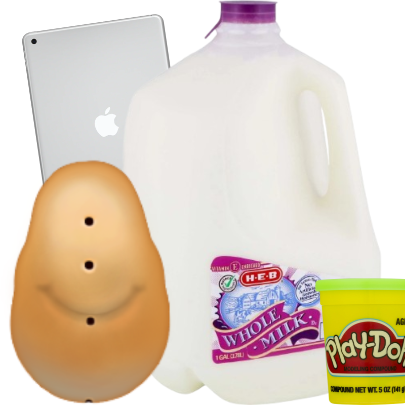 Picture of a milk jug, play-doh, potato head base, and an iPad.