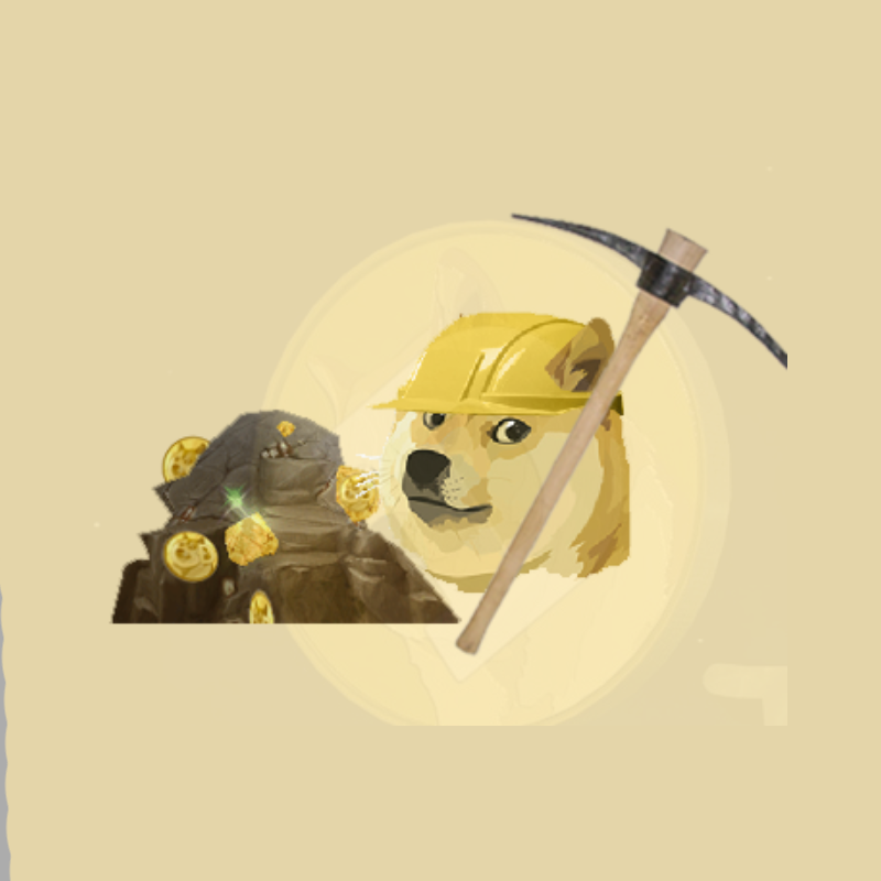 A 'doge meme' with a yellow hard hat and pickaxe, from the Dogeminer mobile video game.
