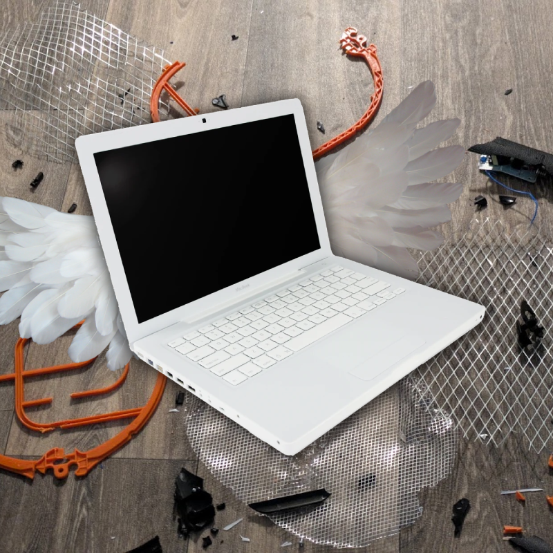 A white MacBook with wings, pasted in front of a broken electric fly swatter