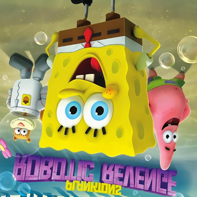 An upside-down poster of the SpongeBob SquarePants: Plankton's Robotic Revenge video game artwork.