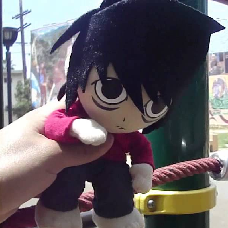 Human-styled plushie with anime-styled hair and cartoon eyes.