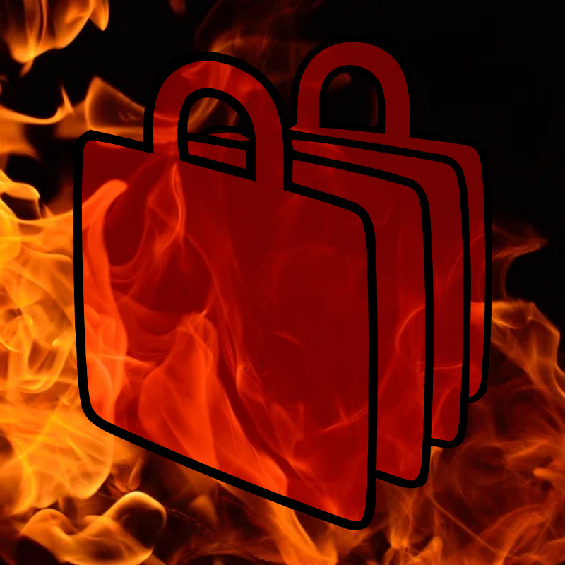 Red Wii Shop bag behind flames
